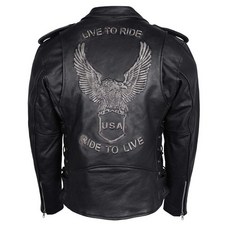 미국출고 평점4.5+ 162103 남성용 이글 엠보싱 Live To Ride - 클래식 블랙 가죽 오토바이 바이커 재킷 블랙., 4X-Large
