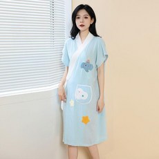 純棉紗佈浴袍 女款 寬鬆 吸水速幹 居家服, 紗佈無袖斜門襟花甜喜事