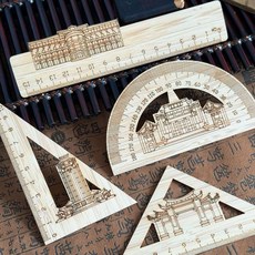 楠竹文具套尺組，直尺、三角板、量角器，文創雕刻鏤空設計, 1個, 廈大套尺四件套,一套