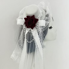 桃園出貨 新娘髮夾紅玫瑰頭紗禮帽哥特萬聖節cos拍照裝飾洛麗塔頭飾花嫁, 1個, 紅色玫瑰-白紗