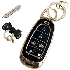 루루형제 현대 호환 자동차 프리미엄 TPU 키 케이스+번호 키링+가죽리본, 다크블랙, AH-06