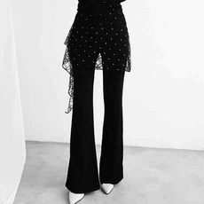 클로버 보석 댄스바지 랩스커트 랩바지 나팔바지 라인댄스복 여성 빅사이즈 스포츠댄스복 댄스스포츠 팬츠, 블랙