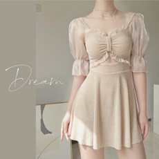 KAKA수영 여자 투피스 수영복, S(80-90근 권장), 베이지색