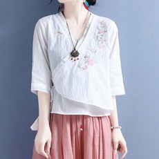 swygsqql 여름 면 마 자수 생활한복 셔츠 5부 소매 여성 린넨 셔츠 가디건 상의