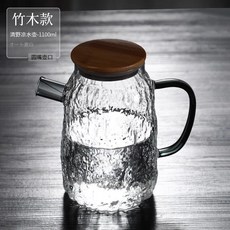 冷水壺玻璃耐高溫家用大容量裝白開水耐熱茶壺扎壺玻璃水壺涼水壺, 1個, 清野冷水壺竹蓋-小號:如图, 1L