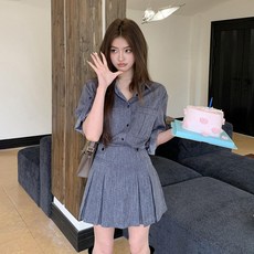 여름 데님투피스 셔츠 플리츠 스커트 하객룩 데일리룩
