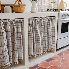 DFMEI 民族風櫥櫃遮擋簾咖啡館民宿廚房裝飾隔斷簾小窗簾家用免打孔門簾, 白底大線格(送杆)