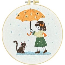 비천 프랑스자수 DIY 세트 도안과 재료 패키지, 07.우산 속 친구, 1세트