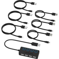 SABRENT 네트워크허브 스위치허브 랜허브 4포트 USB 2.0 허브 개별 LED 전원 스위치 포함 + 6팩 22AWG 프리미엄 마이크로 케이블 X3-3ft X3-1ft 고속, SABRENT 네트워크허브 스위치허브 랜허브 4포트 U
