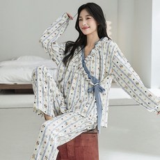 임산부 잠옷 상하의 세트 봄 가을 임부용 플라워 면 긴팔 파자마 세트 캐주얼 홈웨어 JS