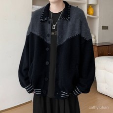 VOQT 優選大碼撞色拼接開衫毛衣男款，美式復古針織衫，春秋季潮牌寬鬆外套