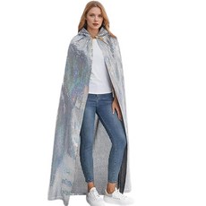 AGCOAH 성인 유니 전체 길이 후드 망토 화이트-실버 스파클 반짝이는 포함 여성용 할로윈 마디 그라 마법사 코스프레 코스튬 119.9cm(47.2인치)