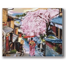 MANTO 台灣製造 大尺寸 50x65cm DIY數字油畫 花海花卉風景 初學者專用, 京都櫻花季, 1套