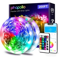PHOOLLO 블루투스 LED 스트립 조명 100피트 50피트 2롤 침실용 RGB 색상 변경 주방 장식 제어 음악 동기화, 200FT