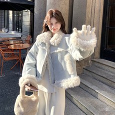 小香風羊羔絨外套 秋冬季霧霾藍皮毛一體羊羔毛外套 撞色小個子機車服 冬季韓版外套