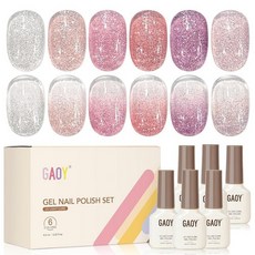 GAOY 반사 글리터 젤 네일 폴리쉬 세트 6가지 색상 핑크 실버 퍼플 홀로그램 스파클 키트 자외선 차단 큐어 살롱 및 아트 DIY용 집에서 에너지 글로우 255930, 파스텔 프리즘