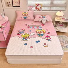다나에 시은데코 뽀로로 공식 라이센스 쿨링 침대패드 베개커버 라텍스 매트리스 패드 세트 +지아싱트레이드 머리끈