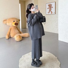 임신부 추동 세트 가을 겨울 임부복 빅사이즈 캐주얼 니트 스웨터 + 조절 와이드 팬츠 투피스 SJS