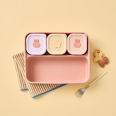 [모던하우스 인천점] 실리콘 흡착식판+스팀홀 보관용기 180ML 3P 세트 토끼 -[KI0226002], 1세트, 핑크