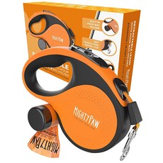 Mighty Paw 접이식 강아지 목줄 2.0 | 4.9m(16피트) 튼튼한 반사 나일론 테이프 리드 최대 0-22.7kg(0-50파운드)의 반려동물용 엉킴 없는 디자인 원, 디럭스 오렌지