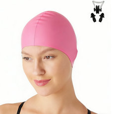 남녀공용 스판 수영모 + 귀마개 세트YMTZ008, 1세트, 핑크색