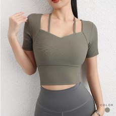 LUCISSI 短袖瑜珈服上衣 顯瘦短版運動衣 內建胸墊 螺紋排汗透氣 橄欖綠 L