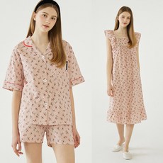 이브니에 아사면 잠옷 꽃무늬 핑크 시어서커 여성 순면 원피스 잠옷