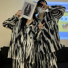 ANYOU 커플 잠옷 세트 수묵 스트라이프 순면 라이 프홈웨어