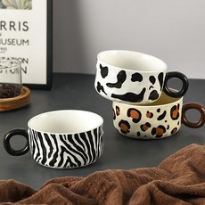 復古陶瓷冰淇淋杯帶把手甜品杯 - 高顏值商用咖啡杯, 1038-047 動物紋理杯（可愛奶牛）,300ml, 1個