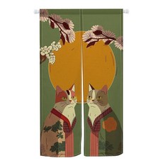 Japanese Kimono Cat Noren Door Curtain Cherry Blossom Gold Circle Traditional Doorway Decorative K