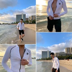 ICELAKEWHALE 情侶長袖防曬水母衣 男女多件式拉鍊外套泳裝 潛水衝浪適用, 白男3XL(三件套80-90kg)現貨