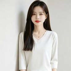 Vezri 여성 여름 V넥 7부소매 티셔츠 루즈핏 심플 데일리 F88