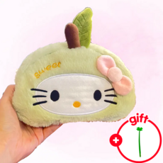 애플 키티 인형 필통 사과 리본 고양이 대용량 화장품 파우치 행운펜 증정 펜케이스 필기구 귀여운 필통 학생 우정템 생일 조카 새학기 선물, 1개, 그린키티