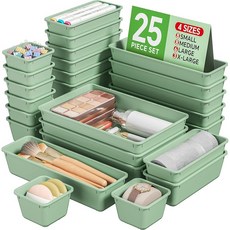 KEMETHY 25피스 플라스틱 서랍 정리함 세트 4가지 사이즈 화장대 정리함 메이크업 및 책상 트레이 메이크업 욕실 주방 용품 사무실용 정리 보관(퍼플), 초록색