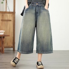 지홍 7부 빈티지 밴딩 데님 워싱 청바지 통 면 고무줄 루즈핏 빅사이즈 편안한 반바지
