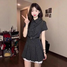 Yellwel복고풍 투피스 도트 반팔 원피스 여름 숏드레스 DJP