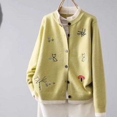 슬림소녀 여성용 귀여운 자수 패턴 소프트 라운드넥 니트 카디건