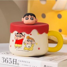 짱구 머그컵 실리콘 뚜껑세트400ml 인형 뚜껑컵 짱구는못말려 도자기 손잡이컵, 1개, 1.엘로우(손잡이색상)