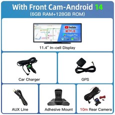 카플레이 모니터 네비게이션 차량용 블랙박스 카메라 이미지본 11.4인치 안드로이드 14 8코어 인셀 스크린 무선 안드로이드 오토 DVR, 128GB ROM 10mm 후방 카메라, TF 카드 없음