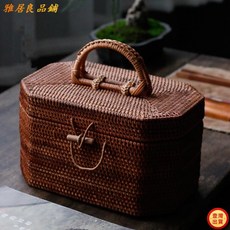 手工藤編收納盒 提樑便攜收納箱 架子置物 簡約家用茶具茶道配件, 1個, 藤編收納盒-低款,藤編