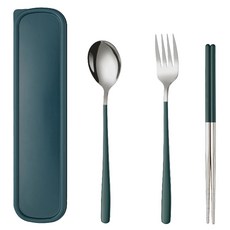 葡萄牙便攜餐具組 304不鏽鋼餐具組 輕巧便攜 環保餐具 湯匙筷子套裝 隔日配達, 1個, 墨綠色【湯匙+叉子+筷子】, 墨綠色, 湯匙+叉子+筷子