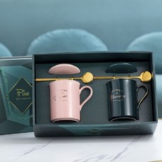 Fine 리틀 세라믹 커플 머그컵 선물 세트 티스푼 포함, 그린, 핑크, 1세트