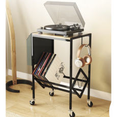 그루빅스 빈티지 2단 엘피판 수납장 턴테이블 선반 거치대 꽂이 협탁 이동식, 우드블랙