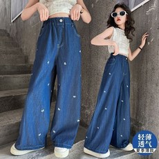 新款可愛童裝 女童牛仔褲 流行女童印花牛仔褲秋季新款時髦中大童洋氣蝴蝶結寬鬆百搭闊腿褲