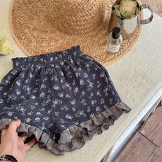 韓版女童碎花荷葉邊短褲 米黃色