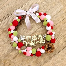 私房角落 獨創手作DIY毛球聖誕藤圈材料包(附字牌)【EFE0010】, 綠粉色系, 1個