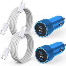 아이폰 16용 빠른 차량 충전기 2개 세트 USB C 충전 2포트 듀얼 블록 담배 라이터 어댑터 플러그 직조 직선 USBC to 케이블 1616 프로15아이패드레드, Blue 3FT