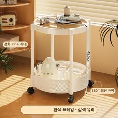 이동식 2단 사이드 테이블 360도 회전바퀴 쇼파 협탁 침대옆 티테이블 다용도 수납 트롤리 강화유리 상판 PP선반 미니멀 거실 침실 소파선반, 화이트/원형