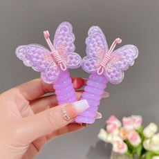 新款兒童蝴蝶電話綫髮圈捲髮束髮頭繩可愛小女孩女童馬尾頭花, 1個, 電話線-紫色蝴蝶2個