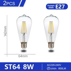 220V ST64 G125 A60 C37 레트로 LED 전구 에디슨 필라멘트 8W E27 E14 빈티지 따뜻한 유리 램프 거실 조명, 13 ST64 E27 4000K, 01 AC220-240V